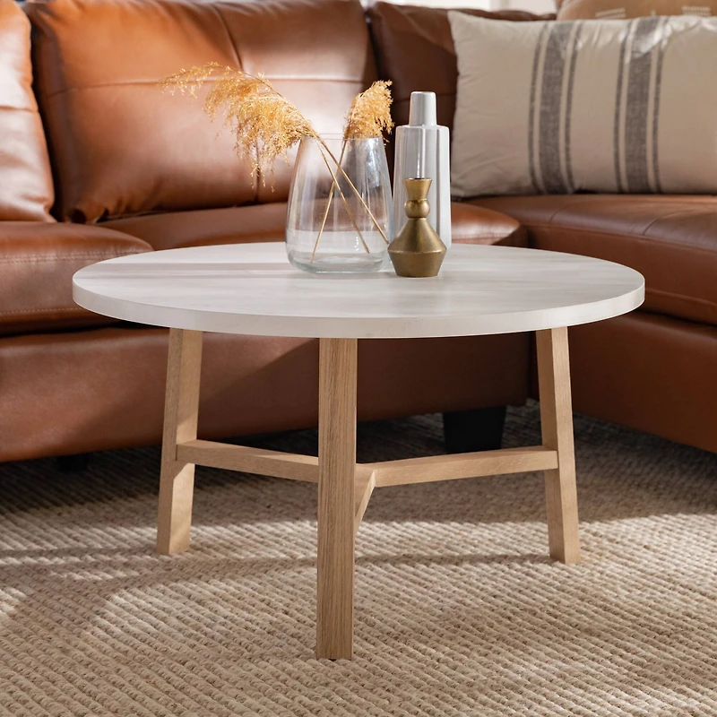 Faux White Marble & Light Oak Mid Century Modern Round Coffee Table