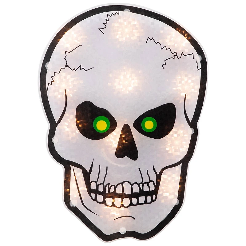 12" Silver & Black Holographic Lighted Skull Halloween Window Silhouette Decoration