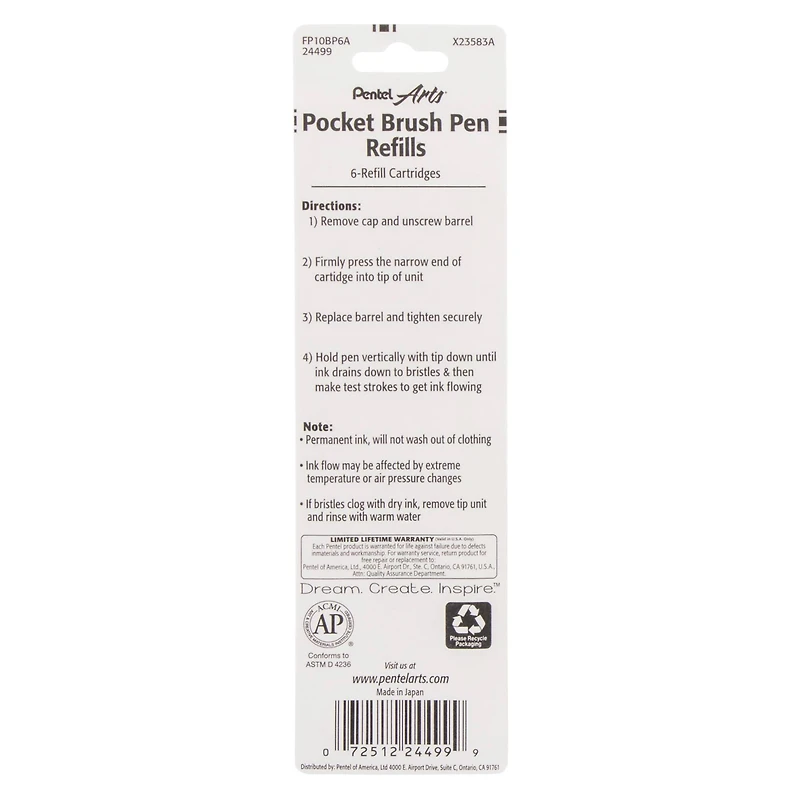 Pentel Arts® Black Pocket Brush Pen Refill, 6ct.