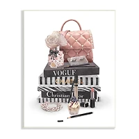 Stupell Industries Fashion Bookstack Purse Perfume Pink Glam Design Wood Wall Plaque