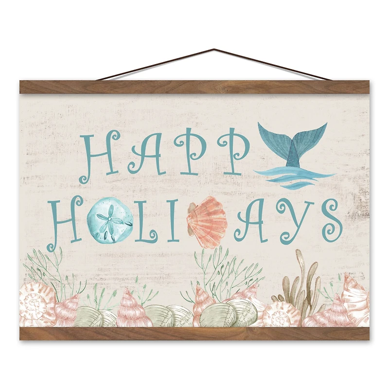 Happy Holidays Teak Hanging Canvas