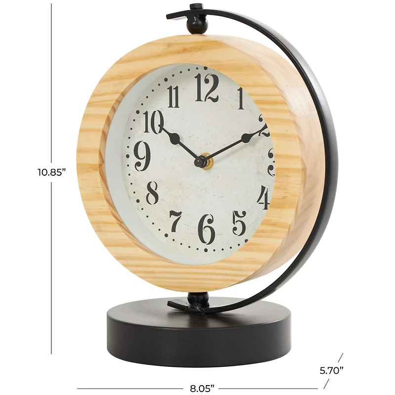 11" Light Brown Wood Clock with Curved Black Metal Stand & Base