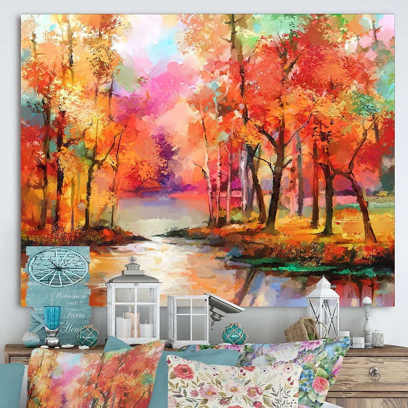 Designart - Autumn Aspen Trees In Red Leaf Forest By Lake