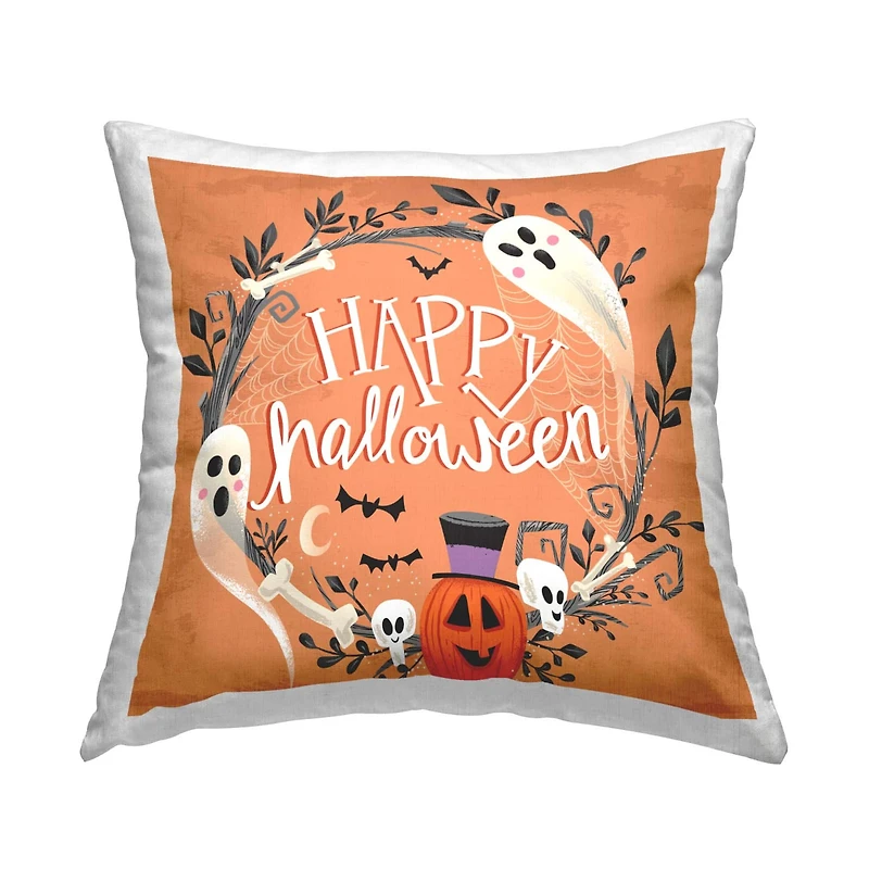 Stupell Industries Orange Happy Halloween Ghosts Wreath Throw Pillow