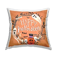 Stupell Industries Orange Happy Halloween Ghosts Wreath Throw Pillow