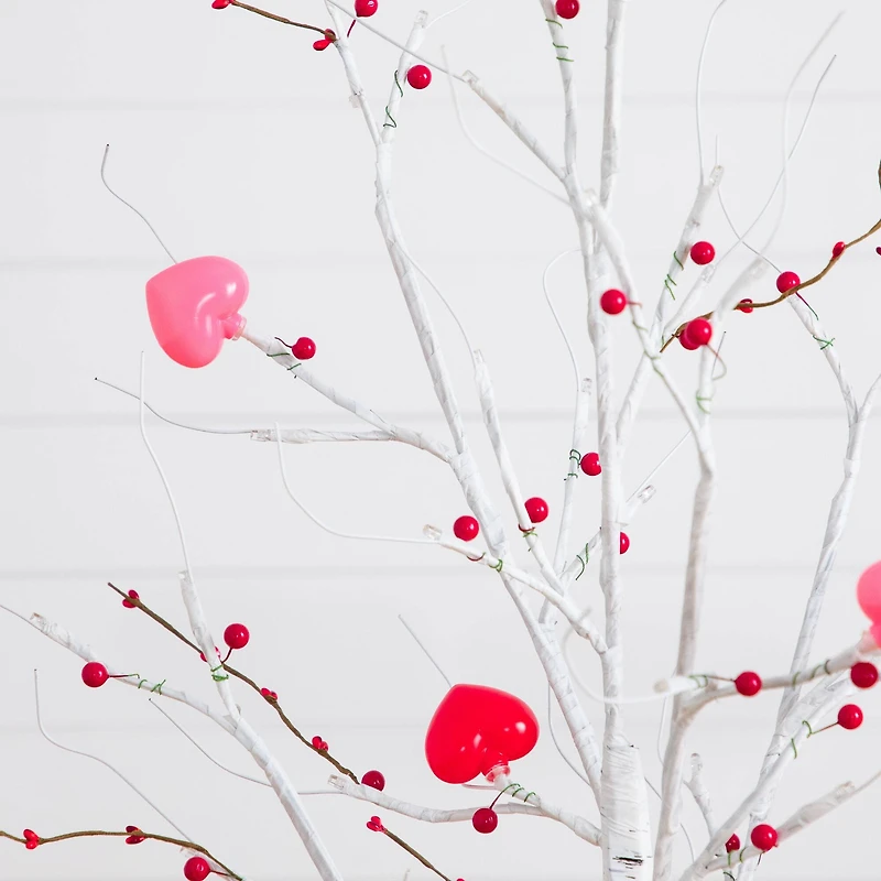 4ft. Pre-Lit Artificial Valentine's Day Twig Tree with 48 Heart Shaped LED Lights and Red Berries