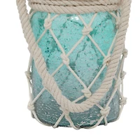 Aquamarine Glass Coastal Candle Holder Lantern, 16" x 5" x 5"