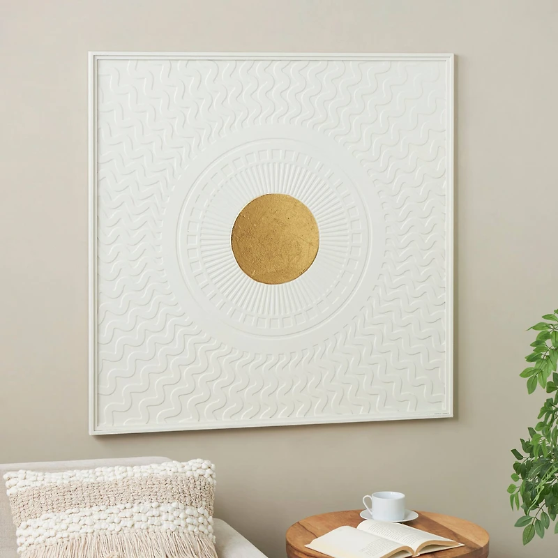 40" White & Gold Metal Geometric Wall Decor with Wavy Pattern