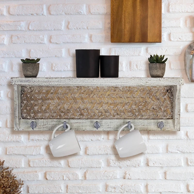 Whitewashed Wood Coat Rack With Shelf