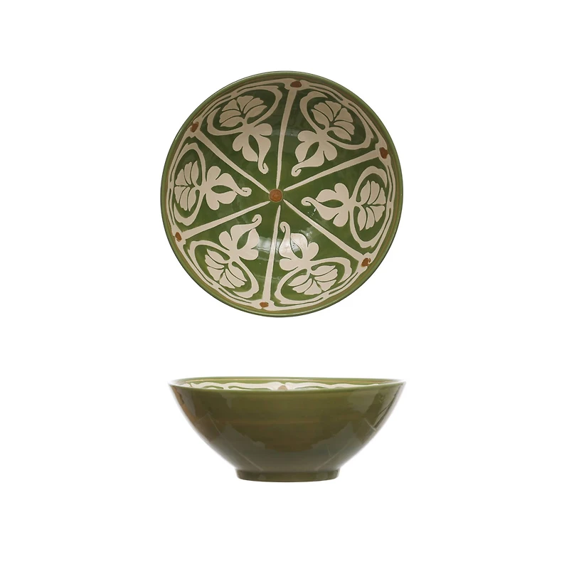 Hello Honey® 10.5" Green & Brown Hand-Painted Pattern Stoneware Serving Bowl