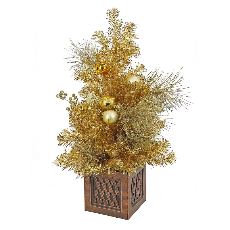 3ft. Pre-Lit Be Merry Gold Artificial Christmas Tree in Lattice Planter, Warm White LED Lights