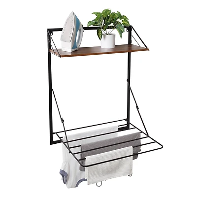 Honey Can Do 31" Black & Walnut Collapsible Wall-Mounted Clothes Drying Rack with Shelf