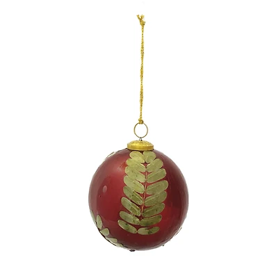 Hello Honey® 5" Red & Gold Embedded Eucalyptus Leaf Ball Glass Ornament