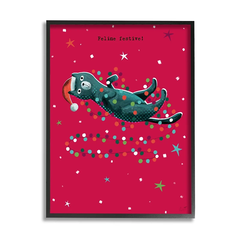 Stupell Industries Feline Festive Christmas Cat Black Framed Giclee Art