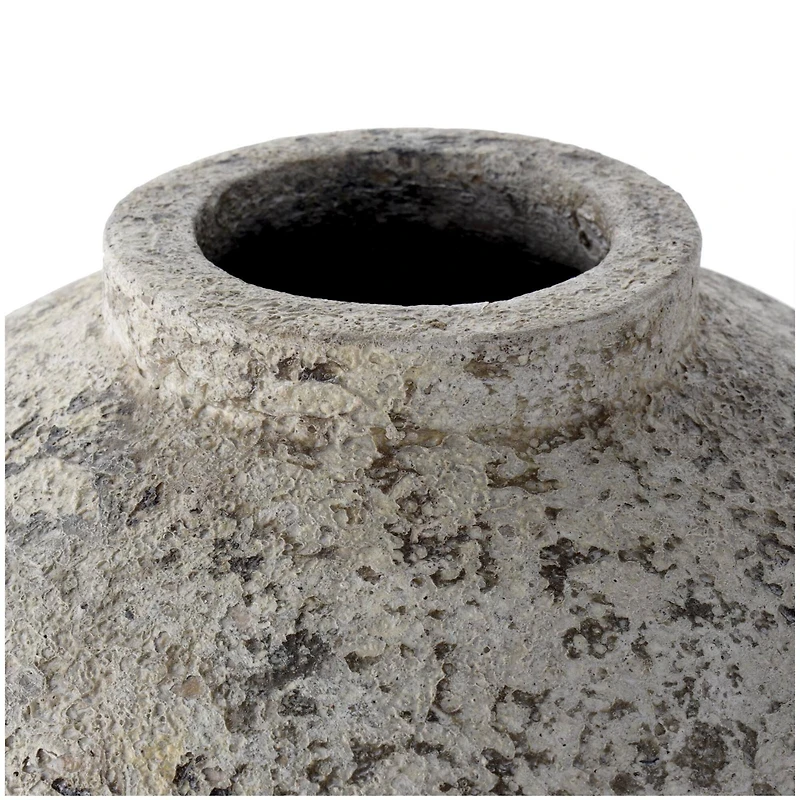 12" Cream Ceramic Antique Style Round Vase with Textured Distressing