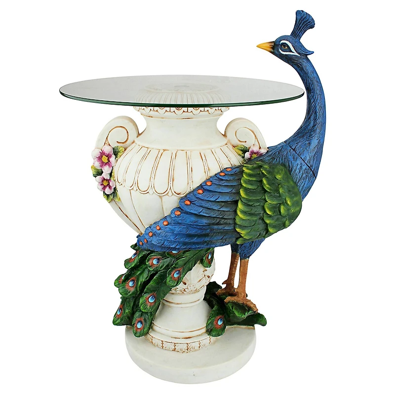 25" Staverden Castle Peacock Sculptural Glass-Topped Table