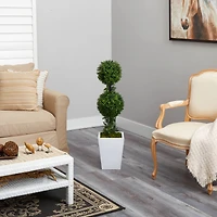 3.5ft. Boxwood Double Ball Topiary Artificial Tree in White Metal Planter(Indoor/Outdoor)