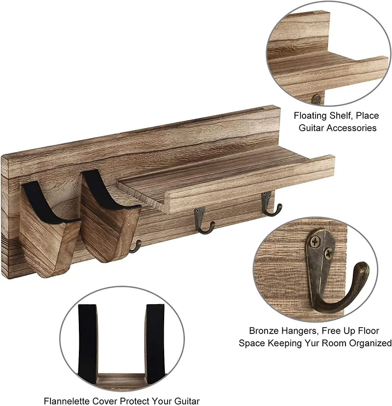 NEX™ Wood Guitar Wall Hanger with Shelf & 3 Hooks