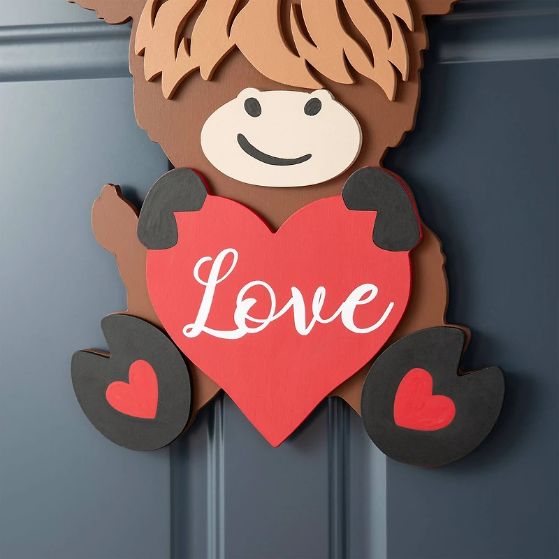 Glitzhome® 18" Valentine's Wooden Highland Cow Door Hanger