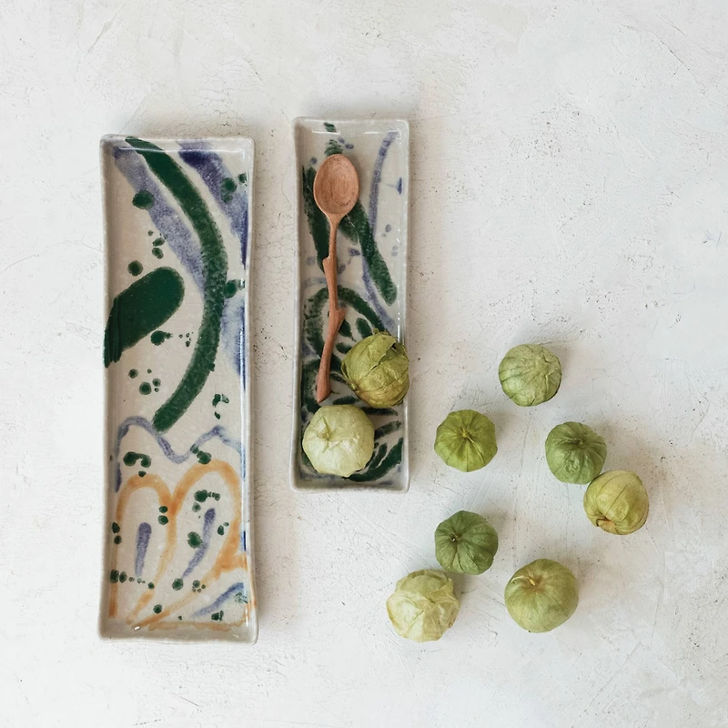 Hello Honey® 11.75" Green & Cream Abstract Design Ceramic Serving Plate