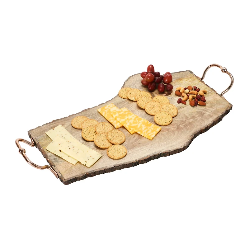 Hello Honey® 24" Natural Mango Wood Slab Serving Tray with Copper Handles