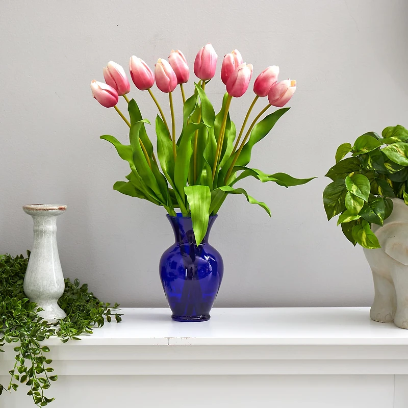 22" Mauve Dutch Tulip Arrangement in Blue Vase