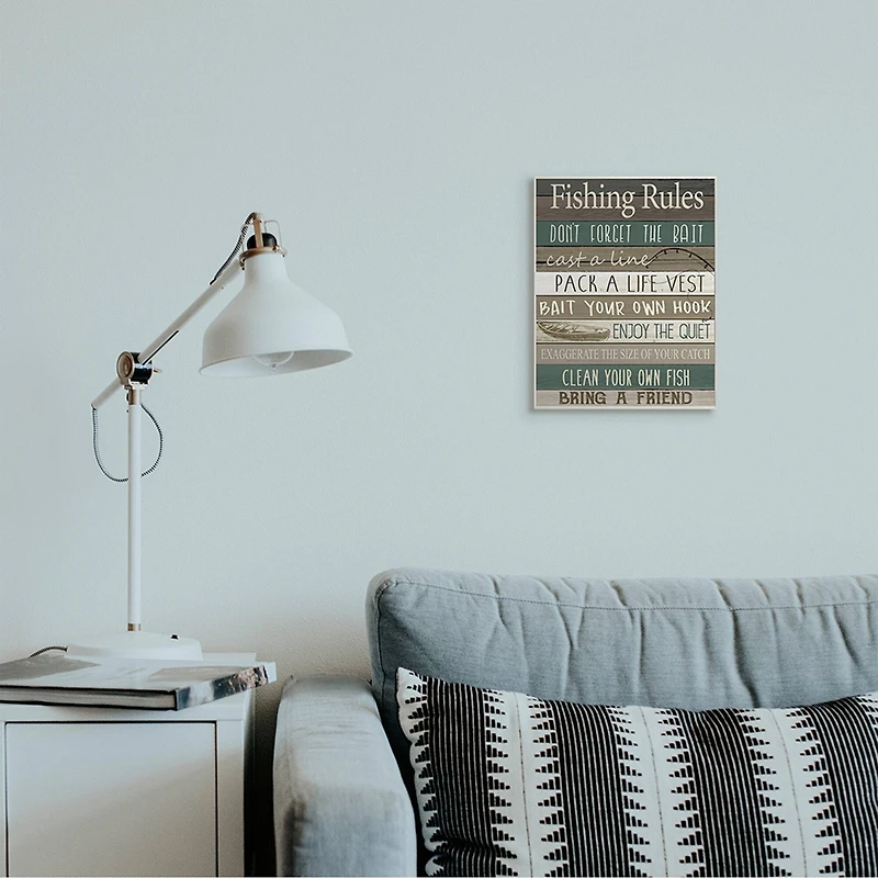 Stupell Industries Rustic Fishing Rules Sign Brown Green Beige Wood Wall Plaque