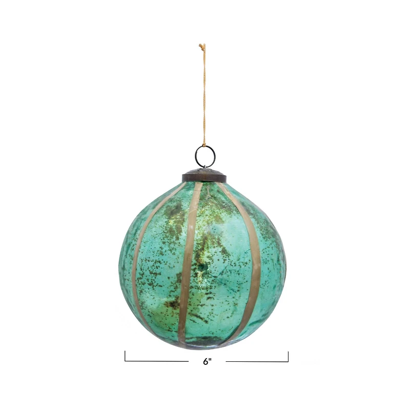Hello Honey® 6" Turquoise Glass Ball Ornament with Embedded Eucalyptus Leaves