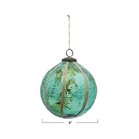 Hello Honey® 6" Turquoise Glass Ball Ornament with Embedded Eucalyptus Leaves