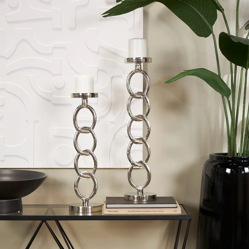 Silver Metal Geometric Candle Holder Set