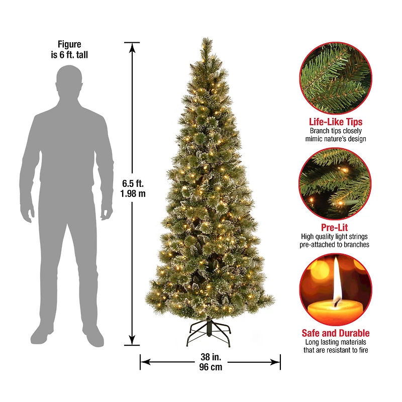 6.5ft. Pre-Lit Glittery Bristle Pine Slim Artificial Christmas Tree, Warm White Diamond Cap LED Lights