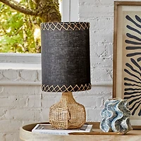 Hello Honey® 21.5" Natural and Black Boho Woven Cane Table Lamp with Linen Shade