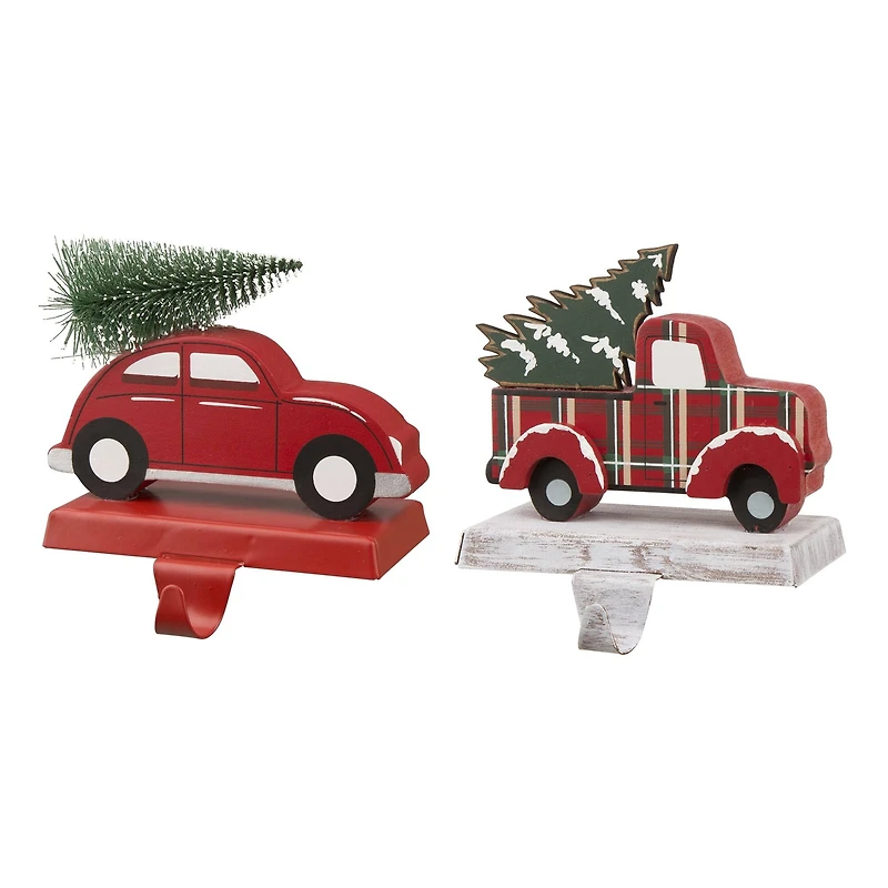Glitzhome® Wooden & Metal Red Car & Truck Stocking Holder Set