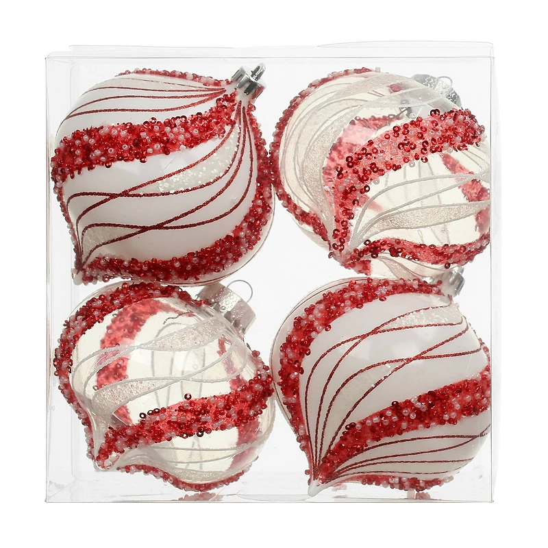 4 Pack 4.7" Red & White Beaded Wavy Stripes Shatterproof Onion Ornaments by Ashland®