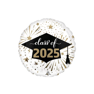 18" White & Gold Class of 2025 Round HX® Foil Balloon