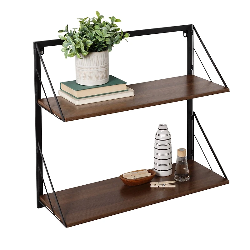 Honey Can Do Walnut 2-Tier Floating Wall Shelf