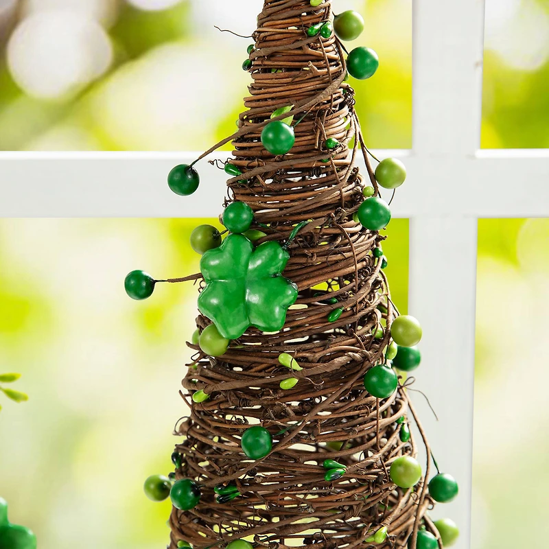 Glitzhome® St. Patrick's Rattan Shamrock & Berry Table Tree Set
