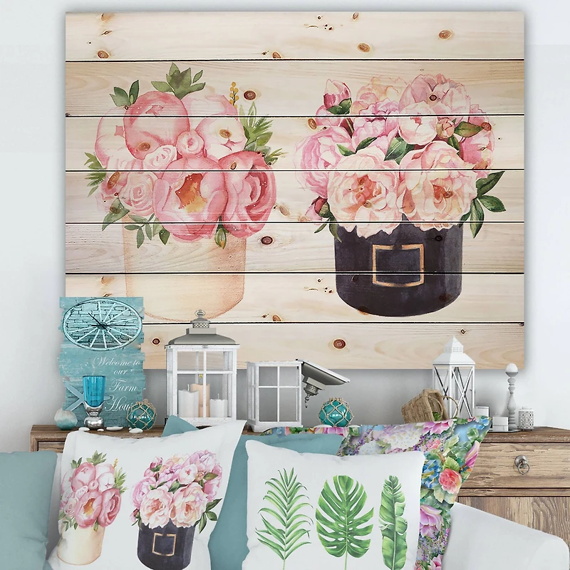 Designart - Flower Box With Peonies and Rose - Farmhouse Print on Natural Pine Wood