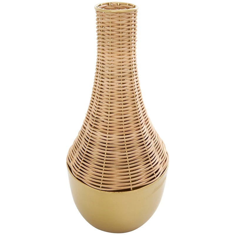 15" Brown & Gold Rattan Handmade Woven Vase