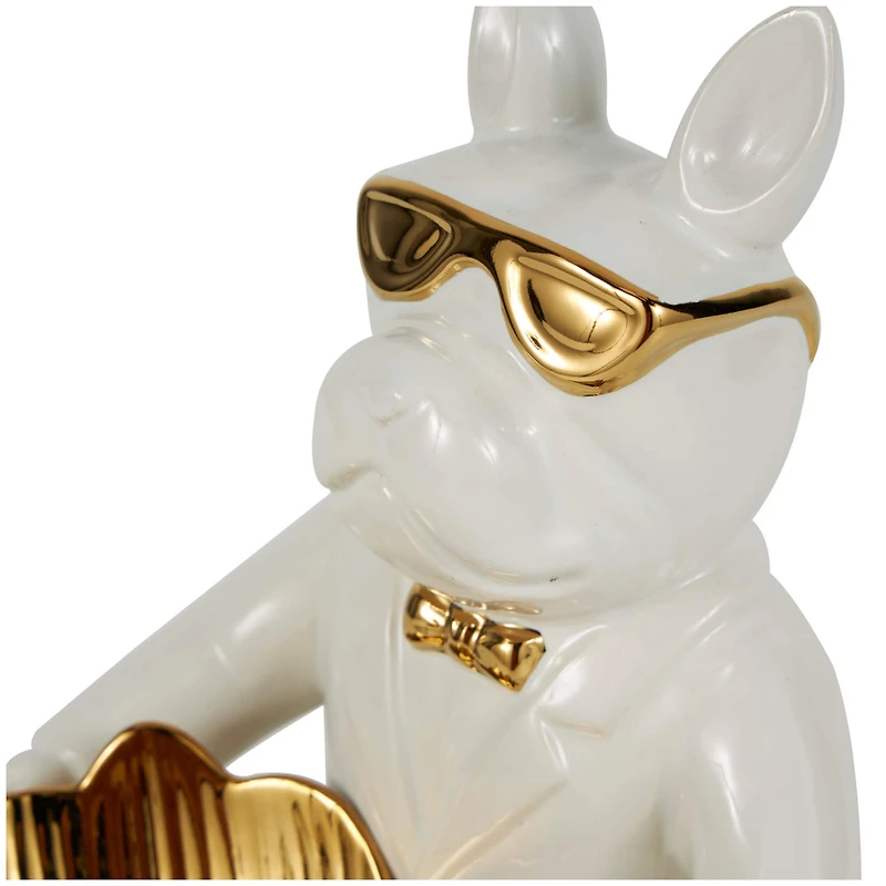 8" White Ceramic Bulldog Sculpture with Gold Accents