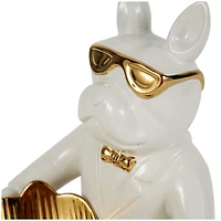 8" White Ceramic Bulldog Sculpture with Gold Accents