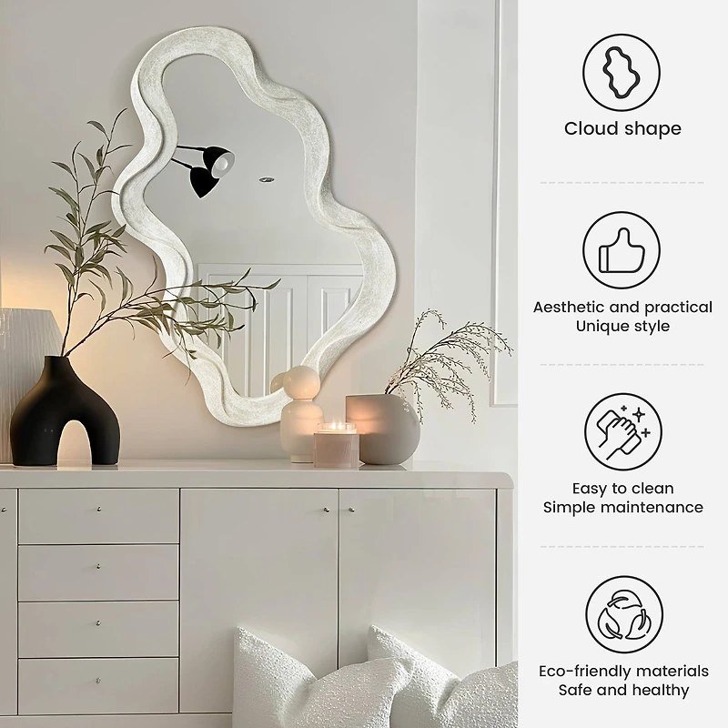Glitzhome® 31.75" Washed White Wood Frame Wavy Wall Mirror