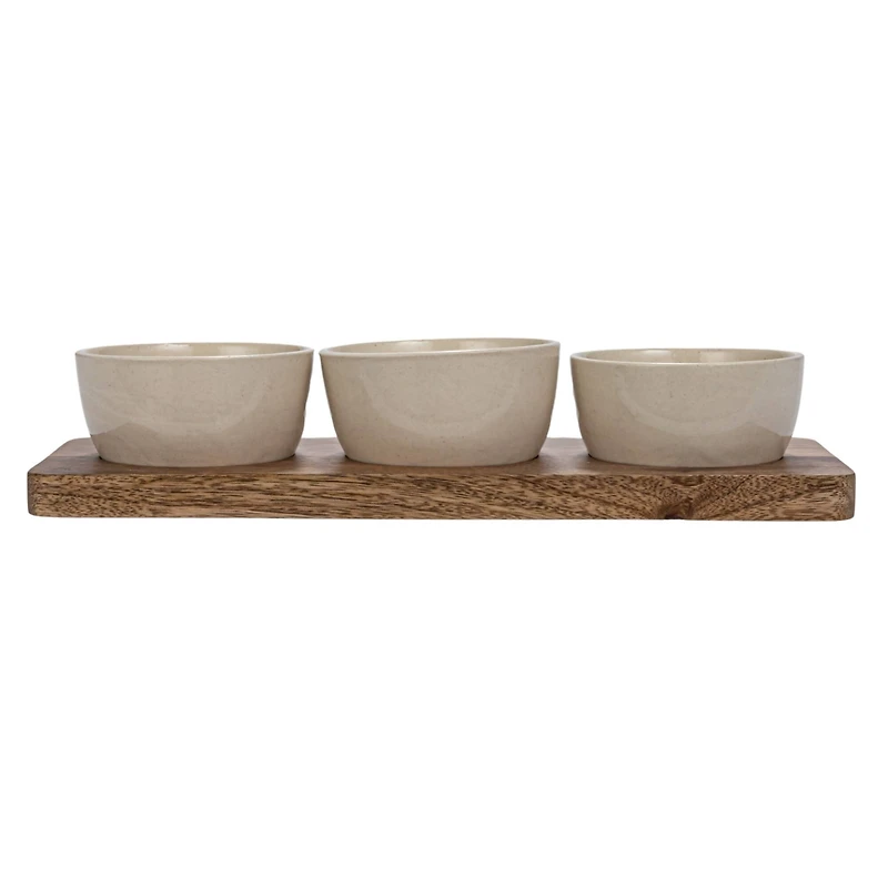 Hello Honey® Cream Stoneware Bowls & Natural Mango Wood Tray Set