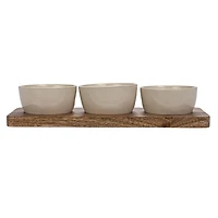 Hello Honey® Cream Stoneware Bowls & Natural Mango Wood Tray Set