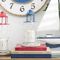 12" Blue Metal Distressed Decorative Light House Candle Lantern