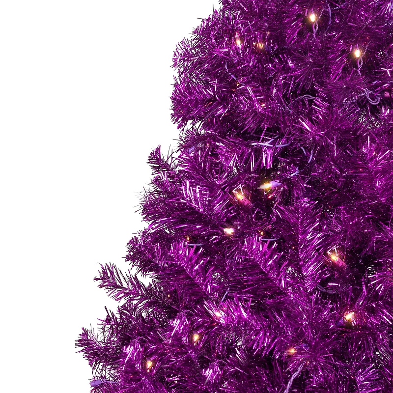 7ft. Pre-Lit Purple Artificial Tinsel Christmas Tree, Clear Lights