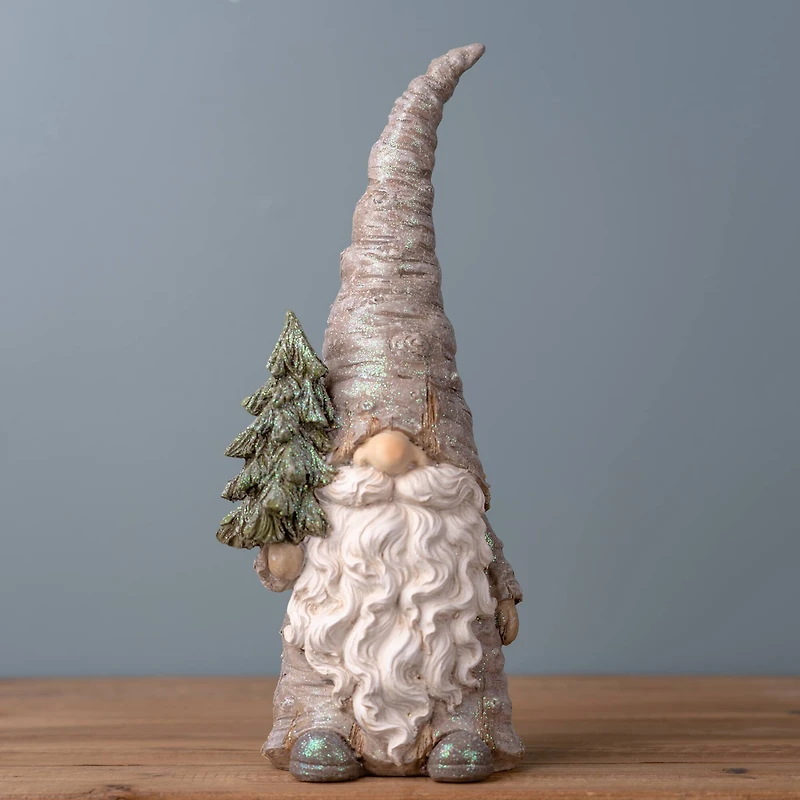 13.5" Pine Tree Trunk Gnome Statue Set