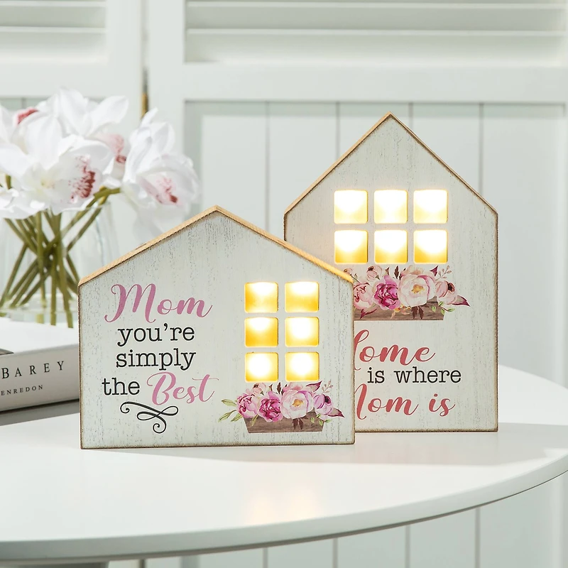 Glitzhome® Lighted Wood Mother's Day House Shaped Table Sign Set