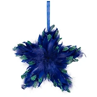 Plush Glittery Peacock Feather Star Shaped Christmas Ornament - 9" - Blue