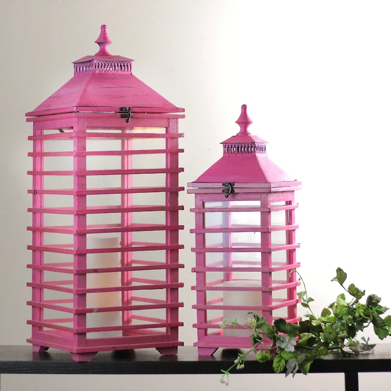 L'Eau de Fleur Distressed Pink Fir Wood Candle Lantern Set, 21" & 28"
